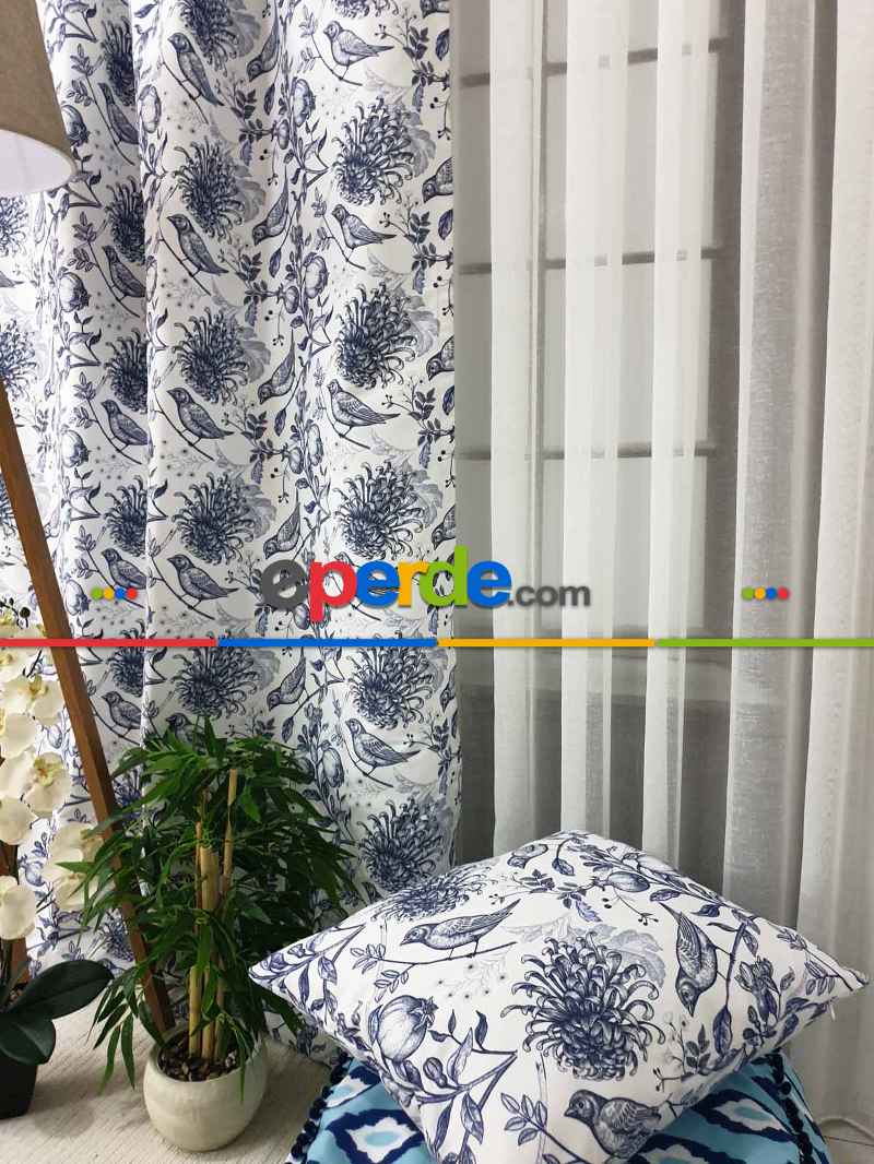 Kuş Desenli Fon Perde Evm580 Kumaşı Kalındır Duck Bezi Değildir- Beyaz