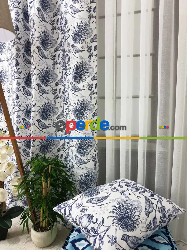 Yatak Odası - Kuş Desenli Fon Perde Evm580 Kumaşı Kalındır Duck Bezi Değildir- Beyaz