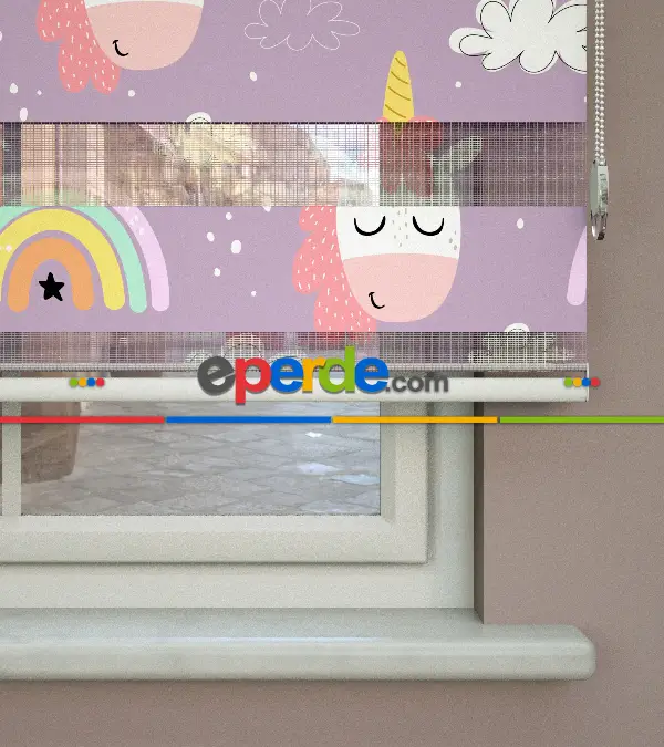 Unicorn Desenli Baskılı Zebra Perde- Çok Renkli