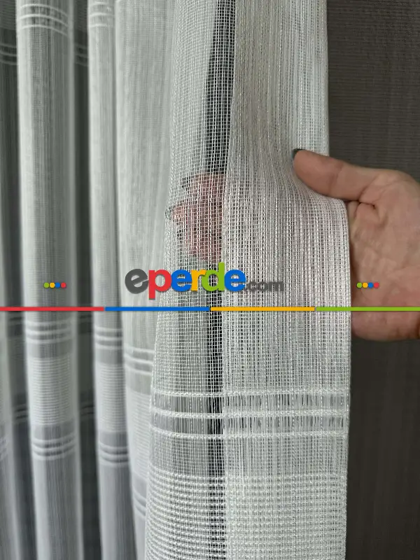 Yatak Odası Ekru Zincir Çizgili Desen Tül Perde - Yüksek Kalite Kurşunlu Tül