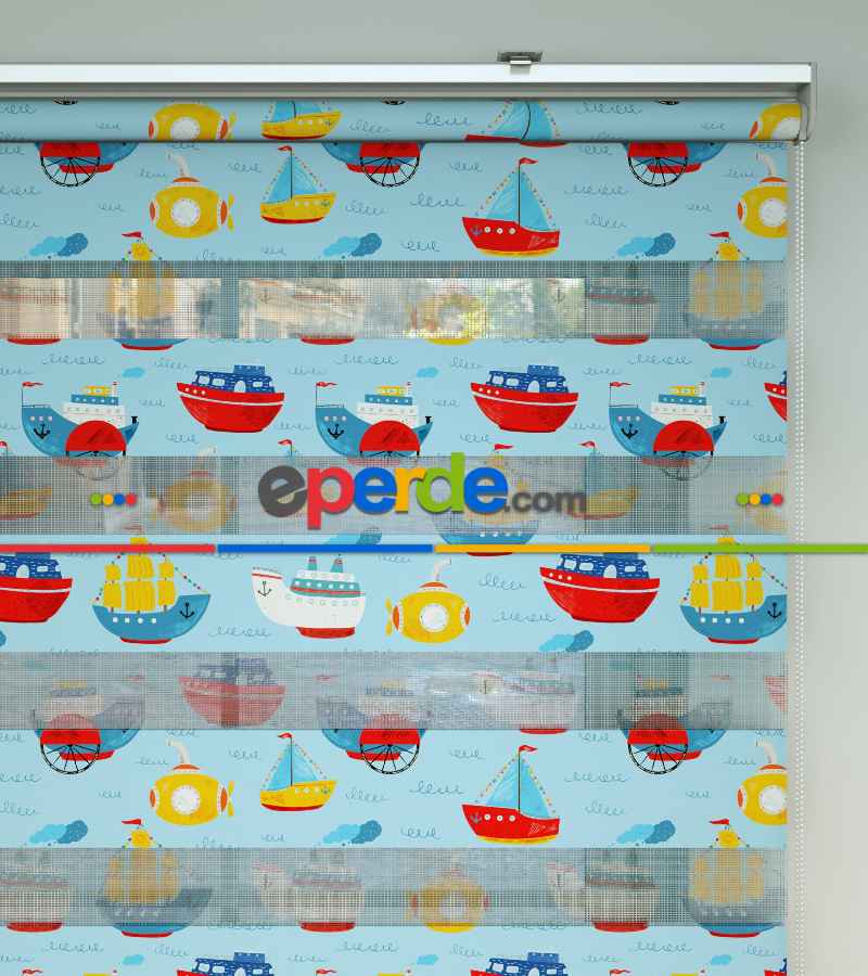 Bebek Odası Zebra Perde - Gemi Desen Baskılı Zebra Perde- Çok Renkli