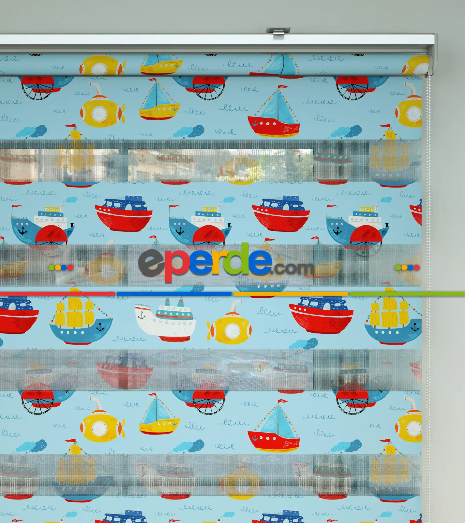 Bebek Odası Zebra Perde - Gemi Desen Baskılı Zebra Perde- Çok Renkli