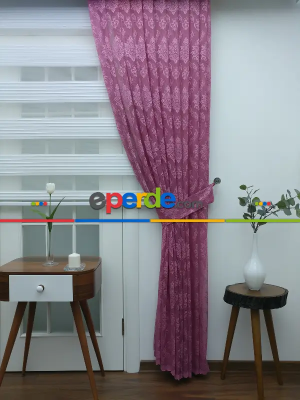 Tül Fon Perde- Gül Kurusu Damask Desenli- Gül Kurusu