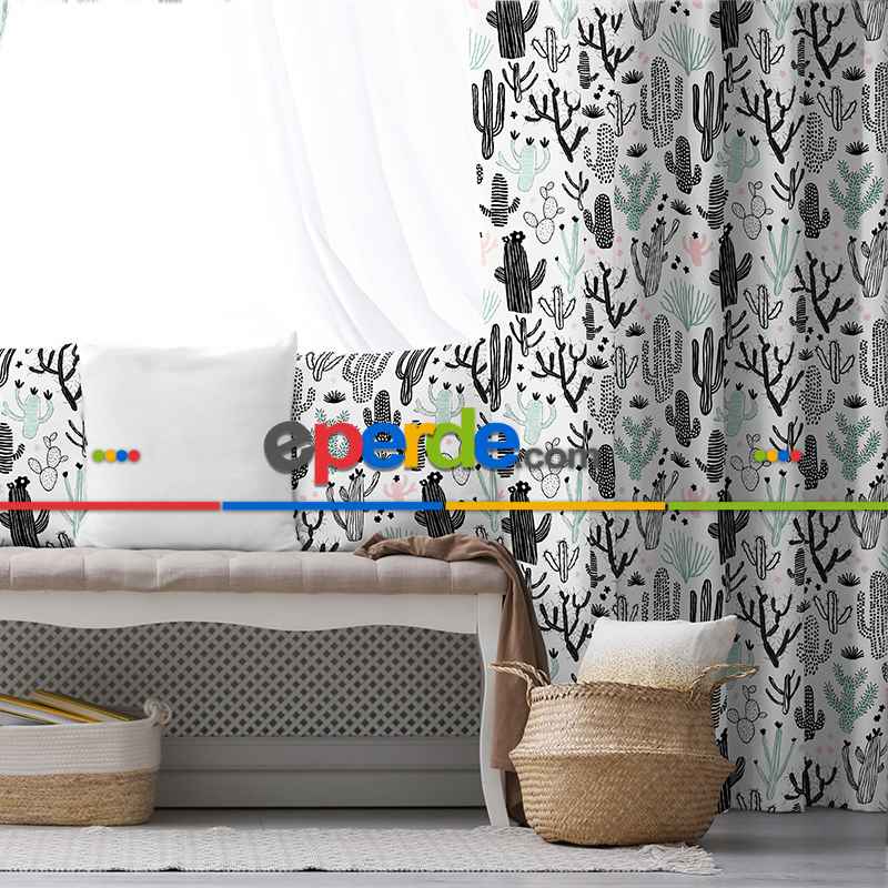 Kaktüs Desenli Fon Perde Evim694 Kumaşı Kalındır Duck Bezi Değildir- Mavi-beyaz