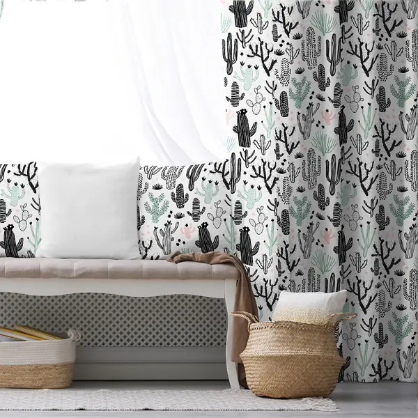 Çocuk Odası - Kaktüs Desenli Fon Perde Evim694 Kumaşı Kalındır Duck Bezi Değildir- Mavi-beyaz