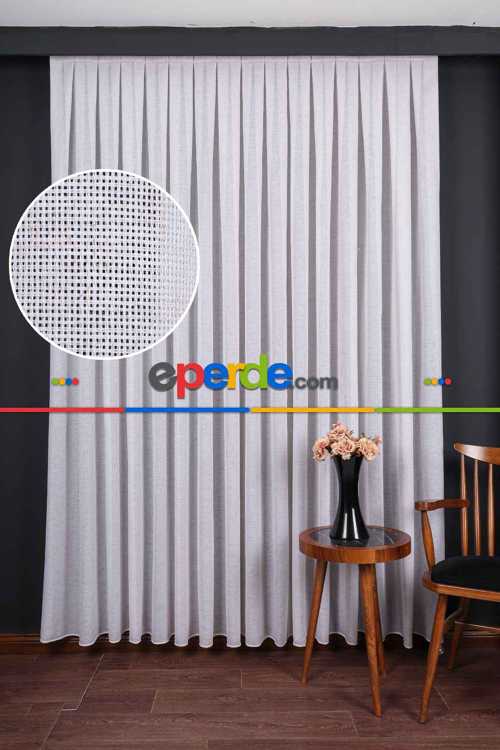 Hazel Beyaz-kahverengi Detaylı Keten Düz Tül Perde Gramajlı