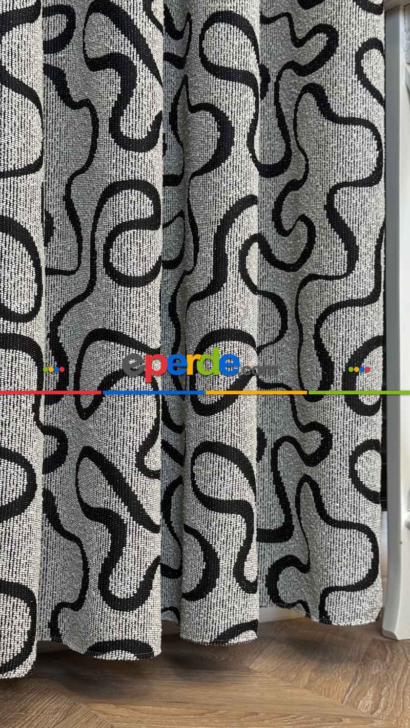 Ekru Jakar Dokuma Fon Perde Siyah