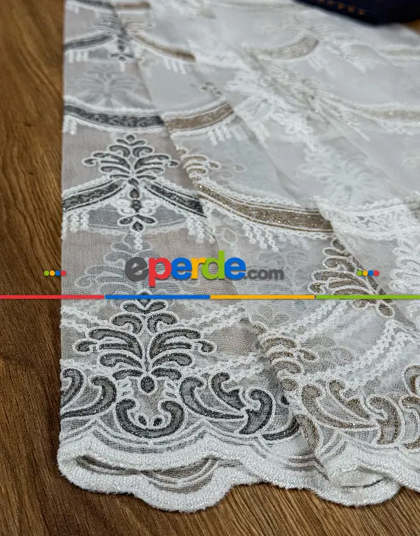 Salon - Simli Damask Desen Nakışlı Tül Perde - Özel Dokuma Ağır Gramajlı Premium