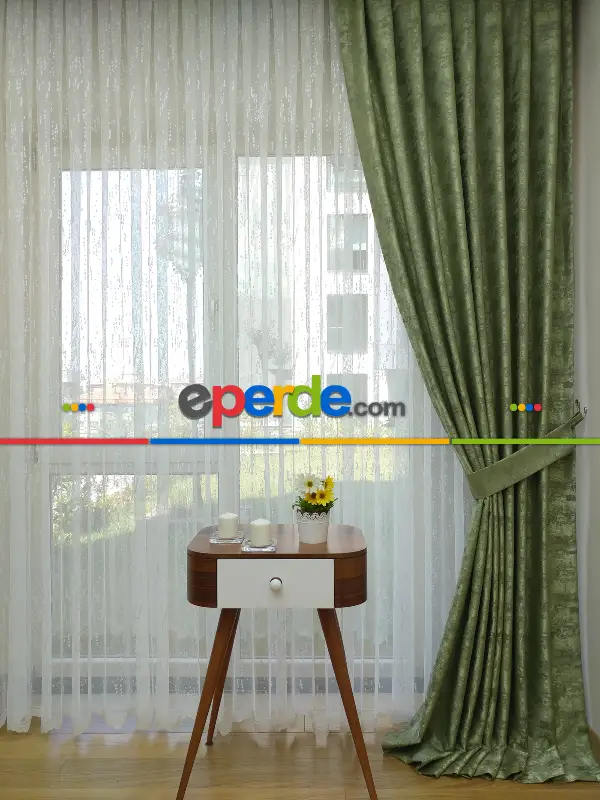 Patinedesenli Fıstık Yeşili - Katyonik Jakar Fon Perde- Fıstık Yeşili