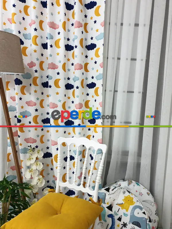 Aydede Bulut Desenli Fon Perde Evm8345 Kumaşı Kalındır Duck Bezi Değildir- Lacivert-beyaz-pembe