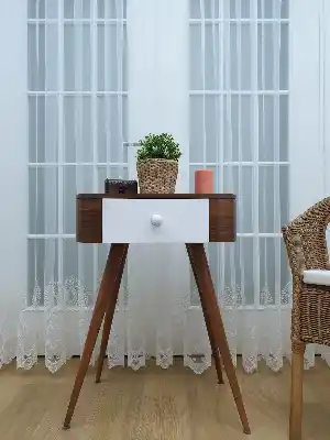 Etek Ucu Koordeneli Nakışlı Tül Perde- Ekru