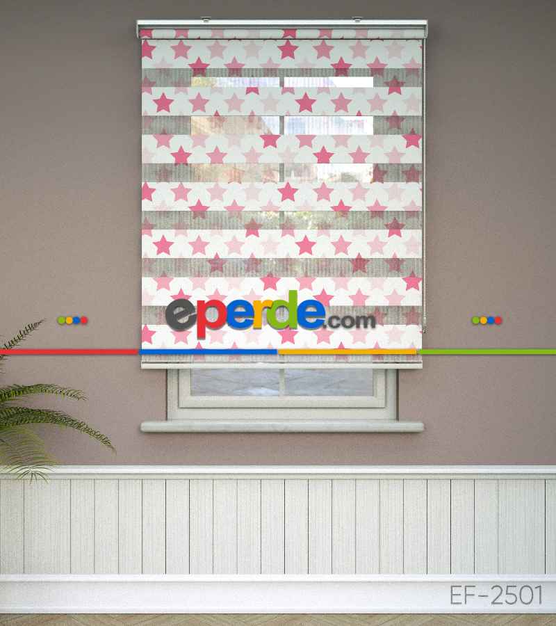 Yıldız Desenli Baskılı Zebra Perde- Pembe-çok Renkli
