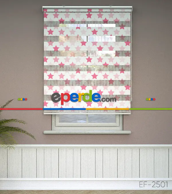 Yıldız Desenli Baskılı Zebra Perde- Pembe-Çok Renkli