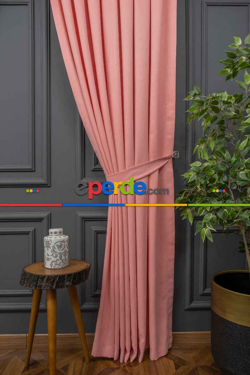 Salon - Pembe Düz Fon Perde Dökümlü En 
