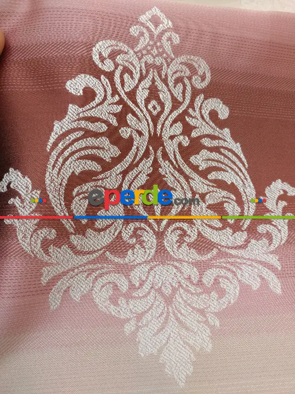 Renk Geçişli Jakar Desenli Salon Fon Perdesi - Kızıl - Pembe - Bej- Bej-pembe-kiremit Rengi