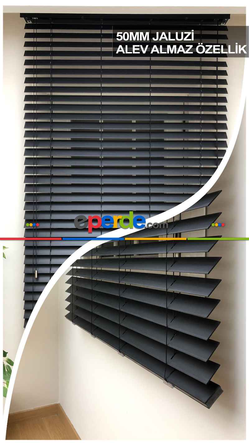 50mm Antrasit Ahşap Efektli Jaluzi Perde Alev Almaz Özellik- Antrasit