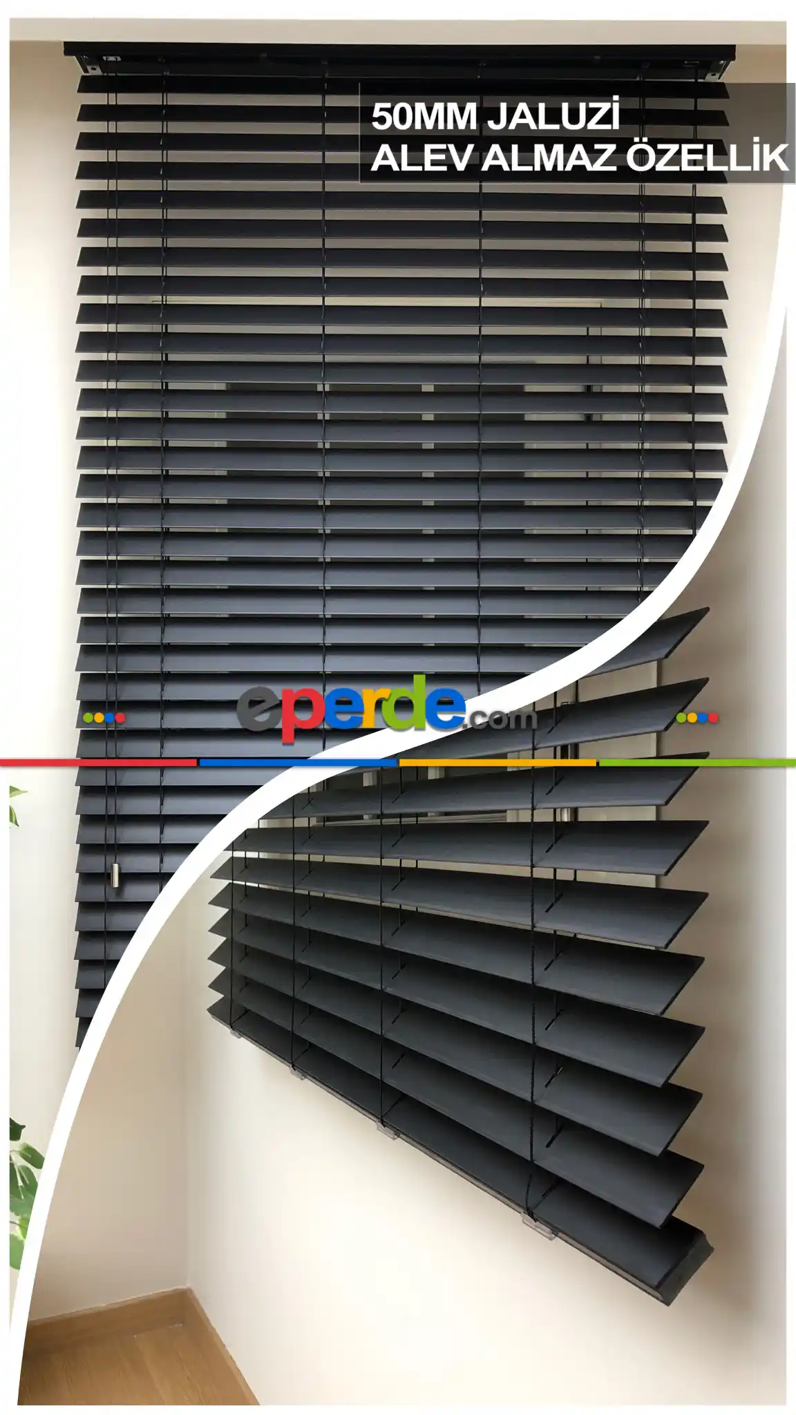 50mm Antrasit Ahşap Efektli Jaluzi Perde Alev Almaz Özellik- Antrasit