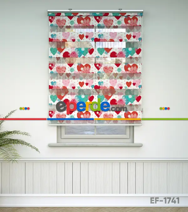 Çocuk Odası Zebra - Kalp Desenli Baskılı Zebra Perde- Çok Renkli