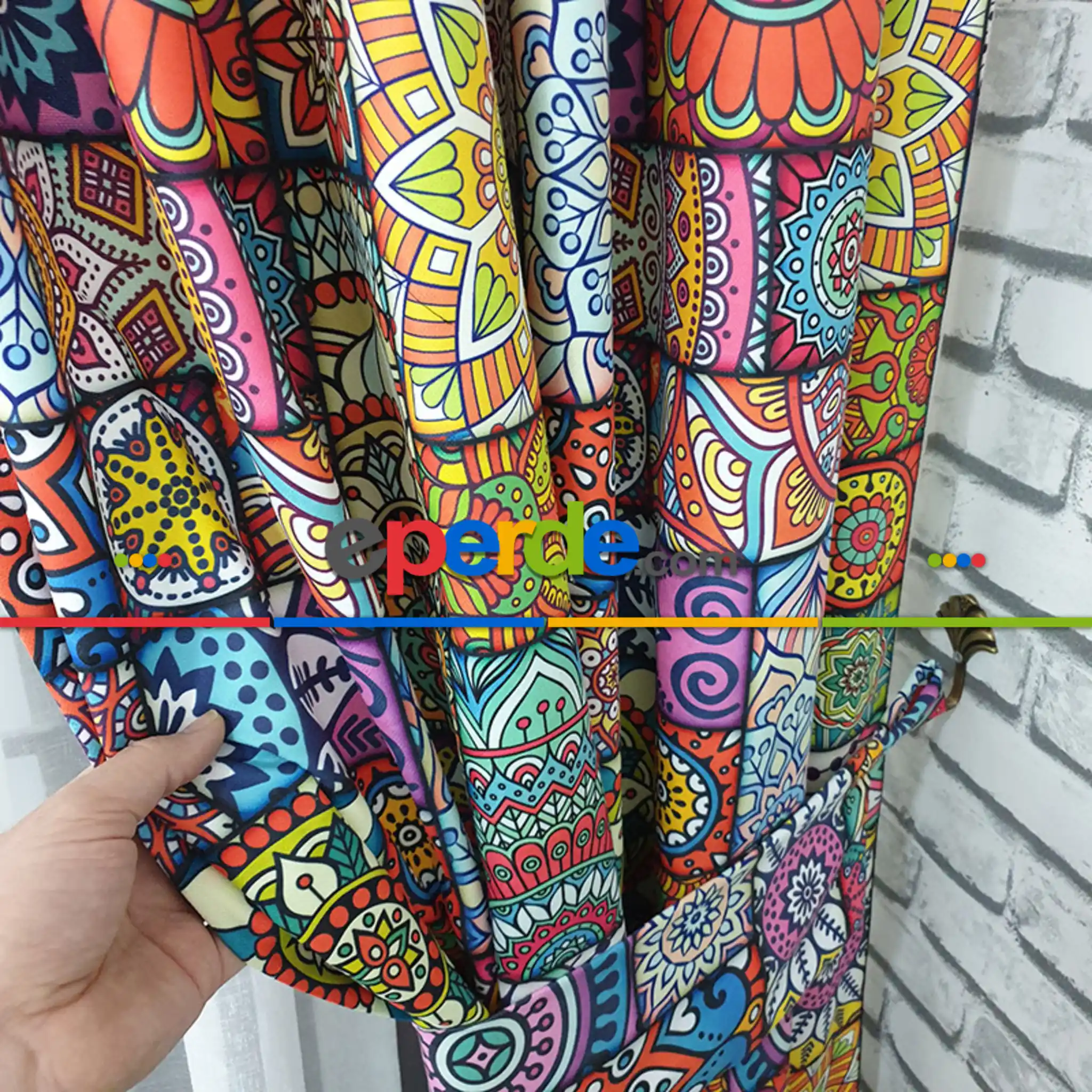 Etnik Desenli Fon Perde Evm1062 Kumaşı Kalındır Duck Bezi Değildir- Kırmızı-Pembe-Hardal Sarısı- Çok Renkli 3