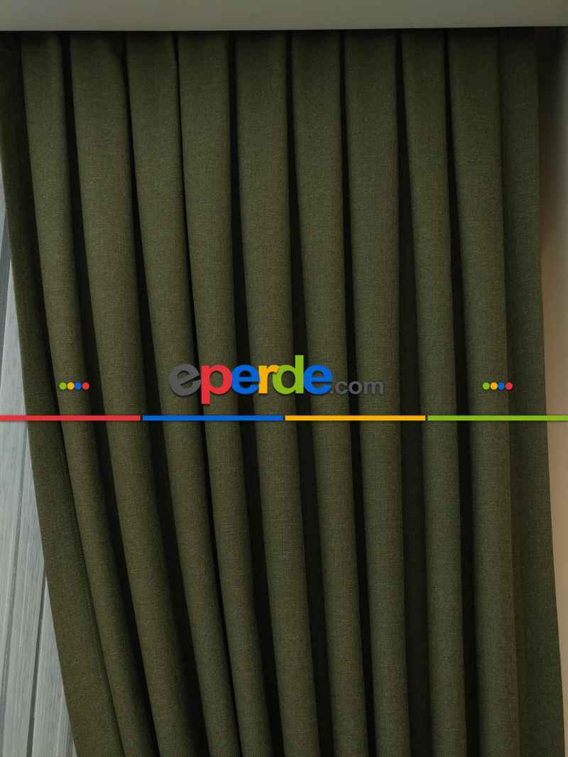 Keten Koyu Haki Yeşil Renk Düz Fon Perde - Haki