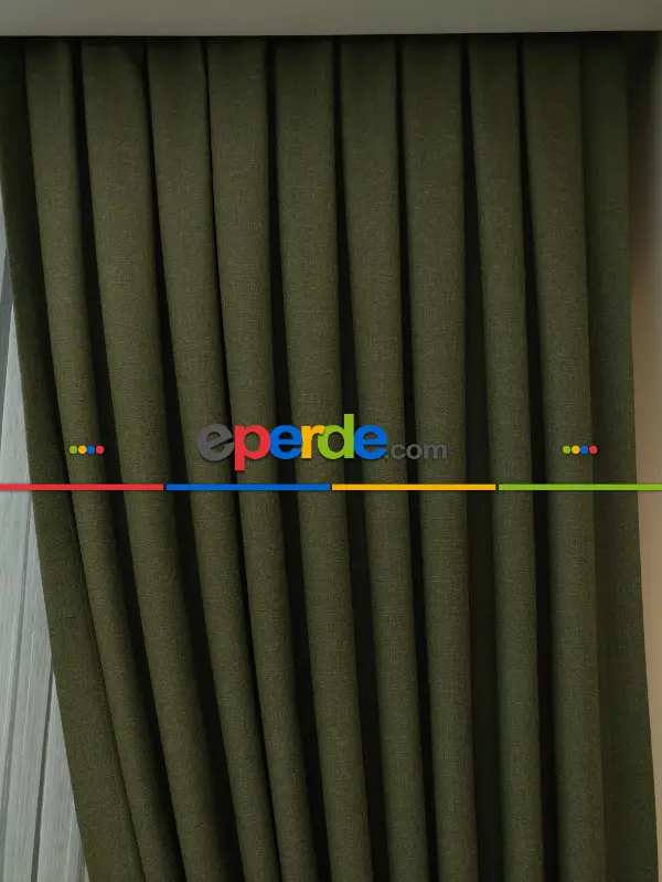 Keten Koyu Haki Yeşil Renk Düz Fon Perde - Haki