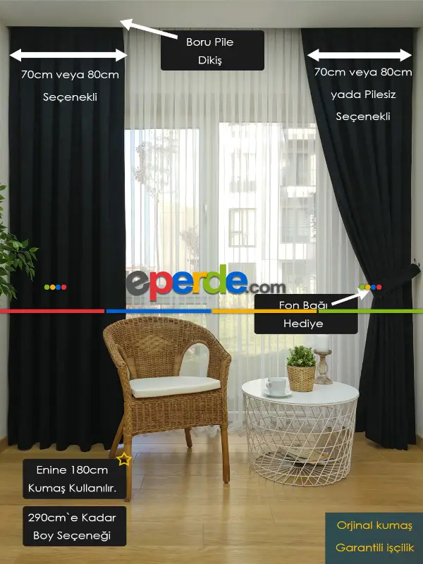 Siyah Düz Fon Perde - Siyah