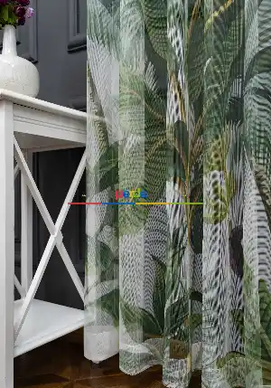 Hazır Ölçülü Petek Zemin Yeşil Renkli Yapraklar Desenli Grek Baskılı Tül Perde