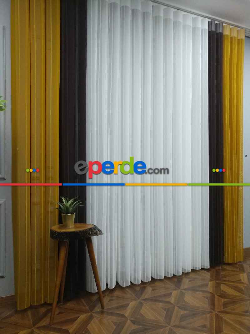 Lens Akıllı Dikey Tül Perde 117- Beyaz-kahve Koyu-hardal