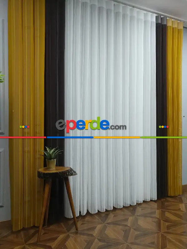 Lens Akıllı Dikey Tül Perde 117- Beyaz-kahve Koyu-hardal