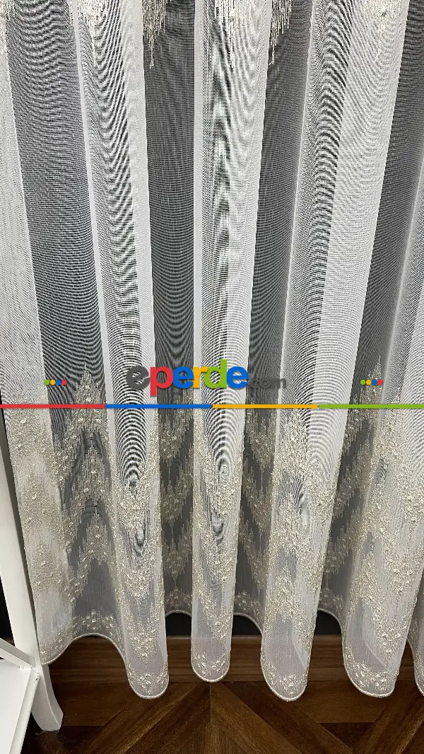 Mutfak Tül Perde - Desenli Tül - Altın Simli Hafif Keten Tül - Etek Ucu Nakışlı Tül Perde -  Salon Tül Perde