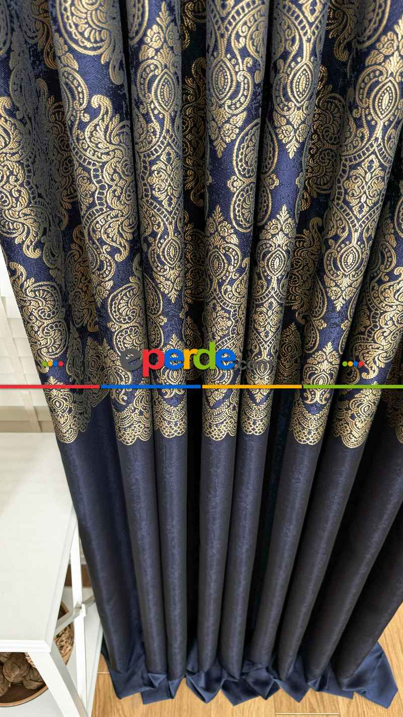 Lacivert Altın Fon Perde, Pano Damask Desenli