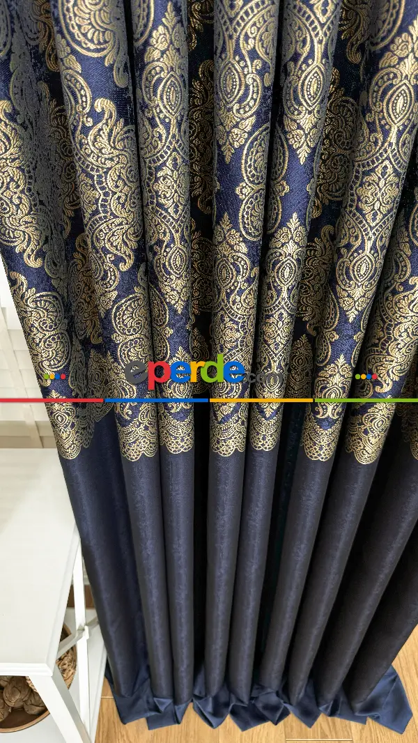 Lacivert Altın Fon Perde, Pano Damask Desenli