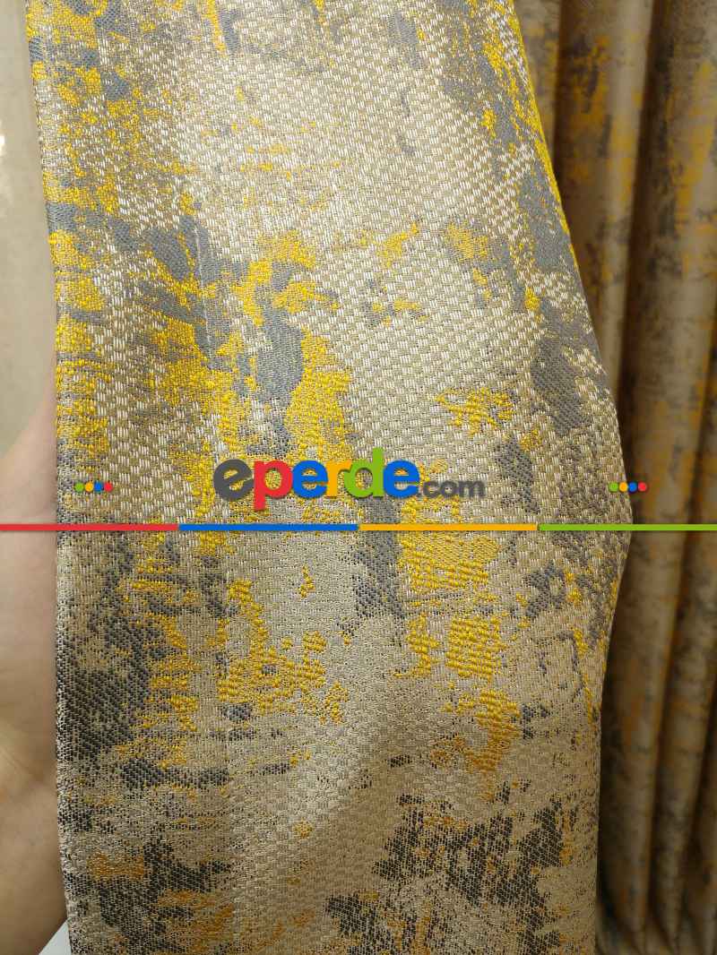 Bej Hardal Desenli Jakar Fon Perde (180)- Hardal Sarısı