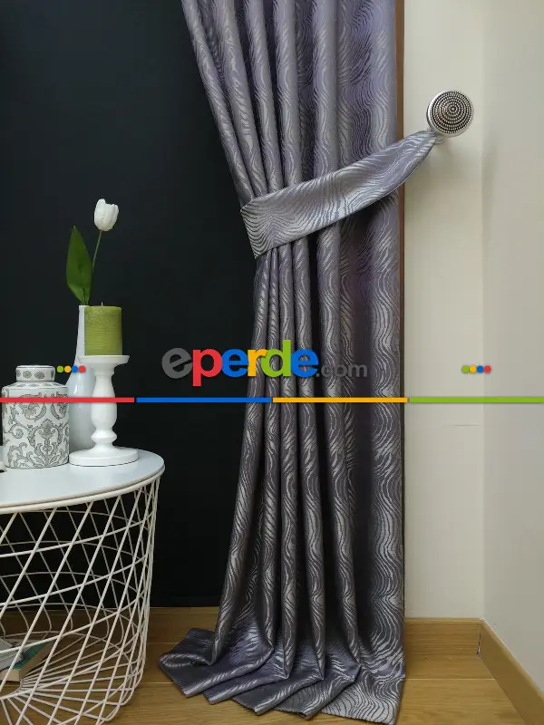 Dikiş Fiyata Dahildir - Mor Dalga Desenli Jakar Fon Perde- Mor