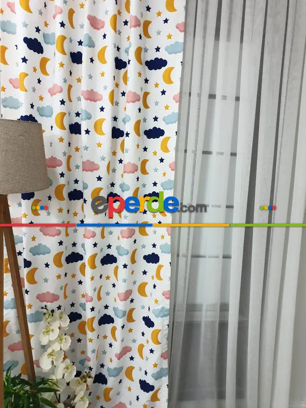 Aydede Bulut Desenli Fon Perde Evm8345 Kumaşı Kalındır Duck Bezi Değildir- Lacivert-beyaz-pembe