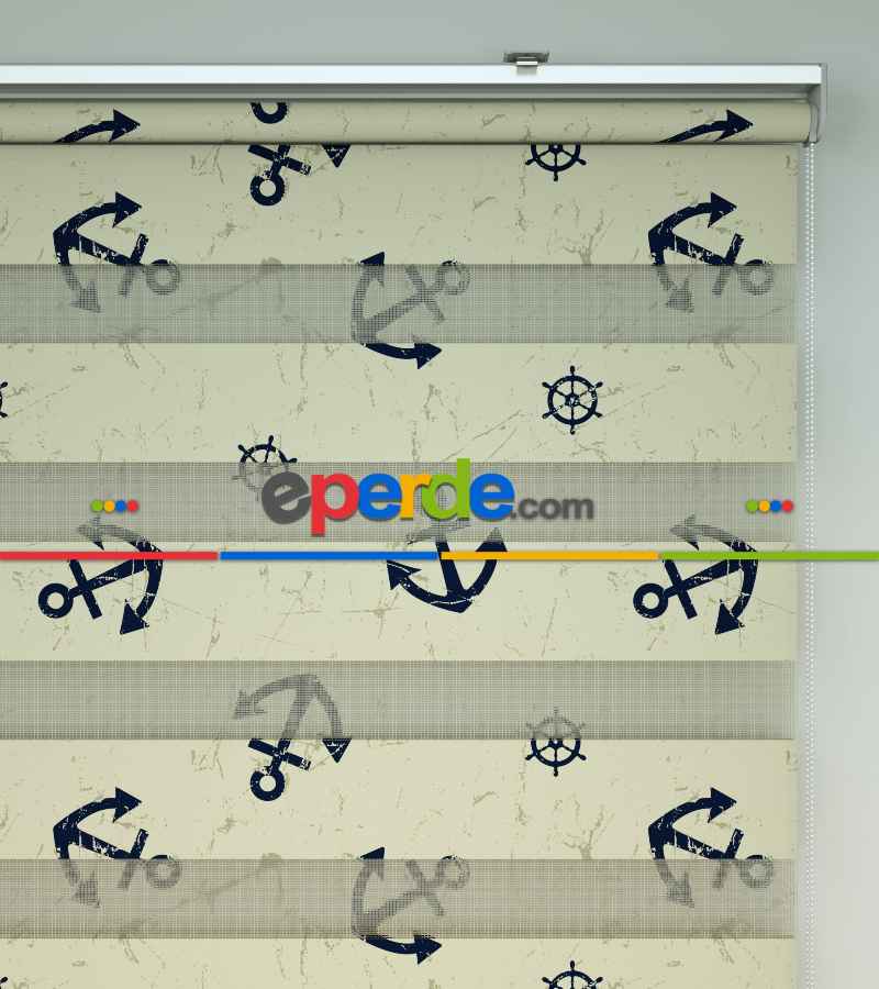 Bebek Odası Zebra Perde - Çapa Baskılı Zebra Perde- Lacivert-Kahve Açık