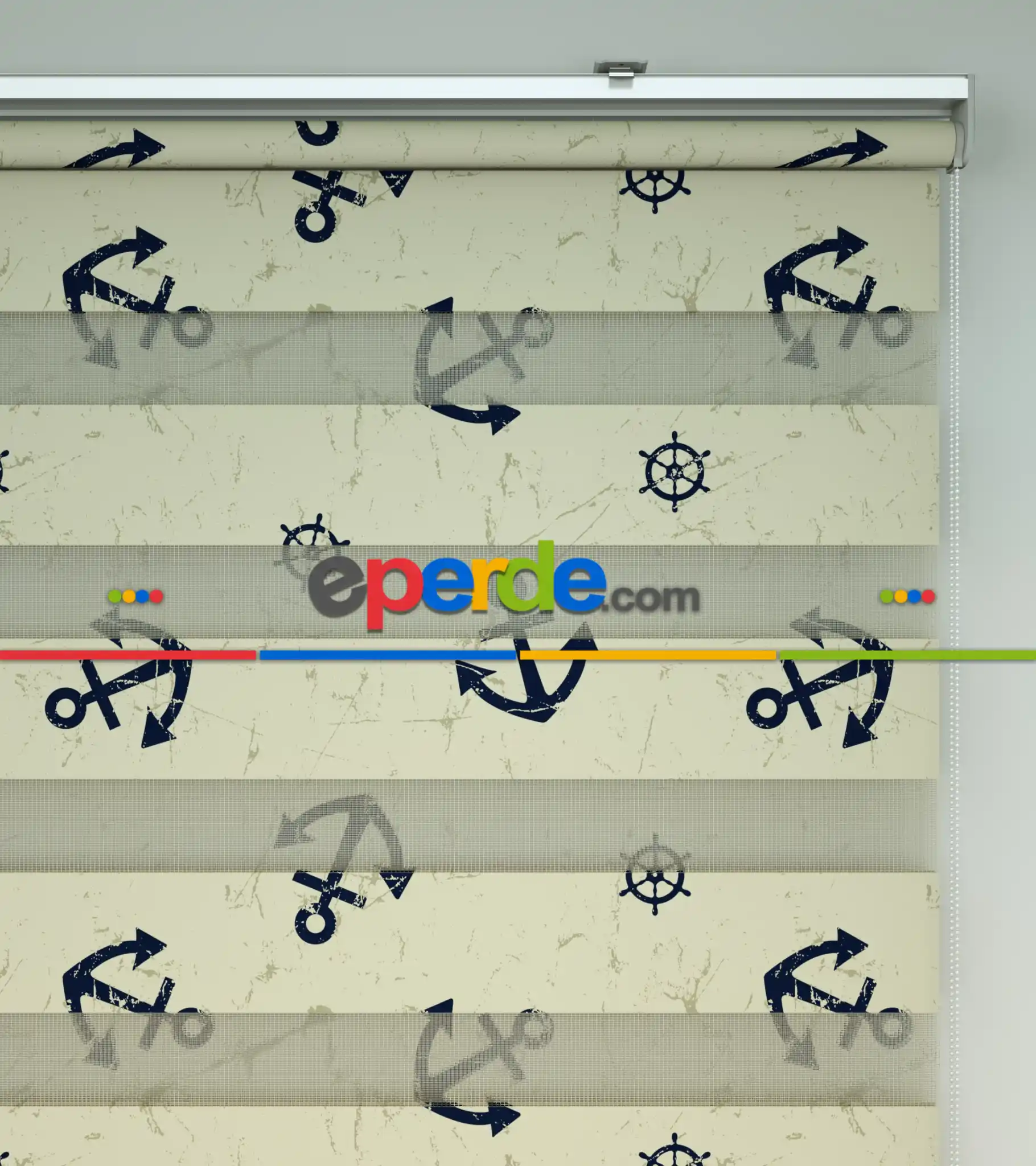 Bebek Odası Zebra Perde - Çapa Baskılı Zebra Perde- Lacivert-Kahve Açık