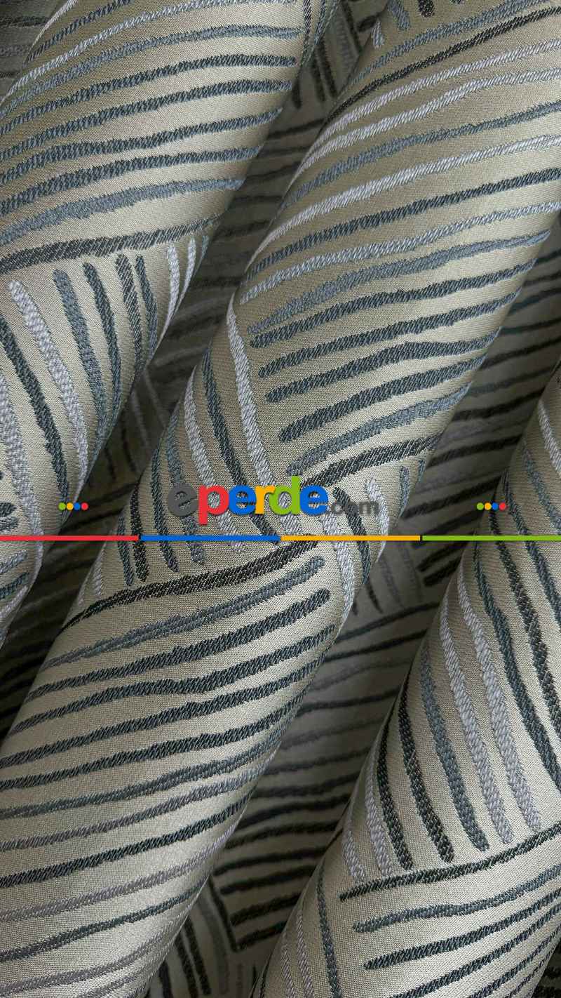 Gri / Petrol Yeşil Çizgili Desen Premium Jakar Dokuma Fon Perde