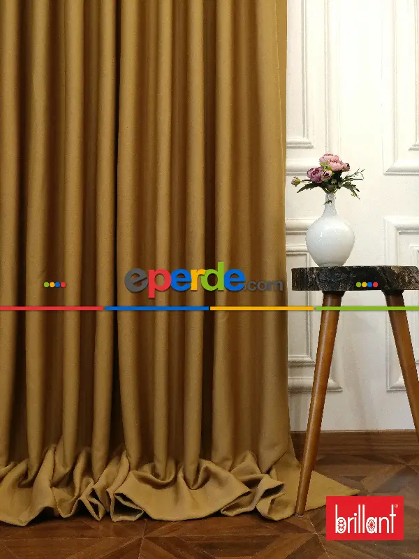 Yatak Odası - Brillant Karartma Blackout Hardal Sarısı Renk Fon Perde- Kahve Açık-hardal Sarısı