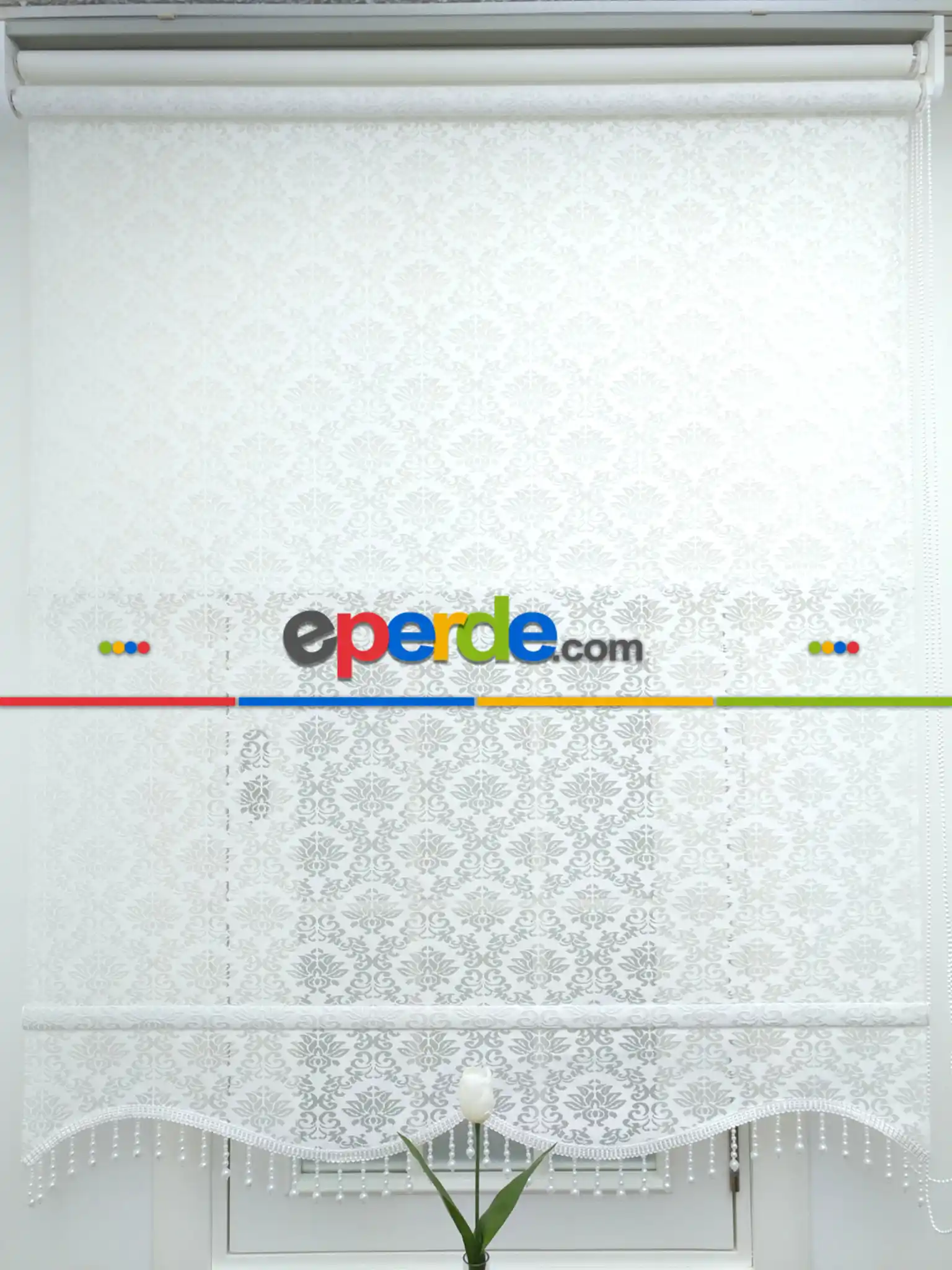 Jakar Örme Tül-alvina 801 Ekru Çiftli Sistem Dantel Desenli Perde- Beyaz