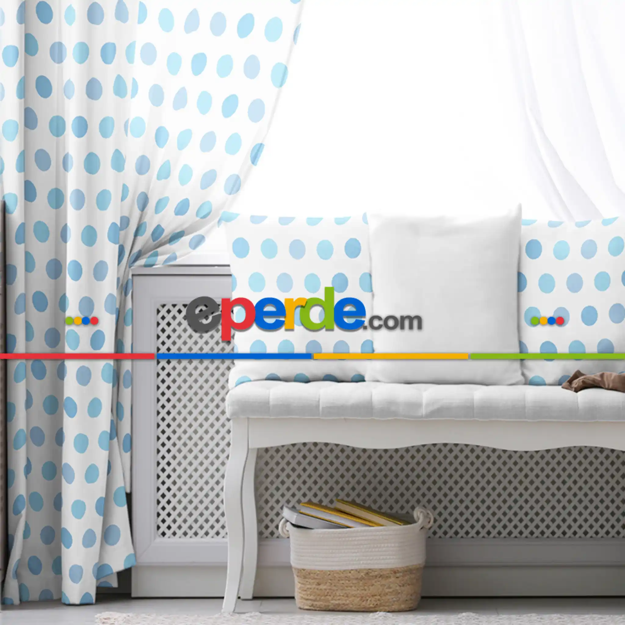 Çocuk Odası - Çocuk Fon Perde Evim1616-8 Kumaşı Kalındır Duck Bezi Değildir- Mavi-beyaz