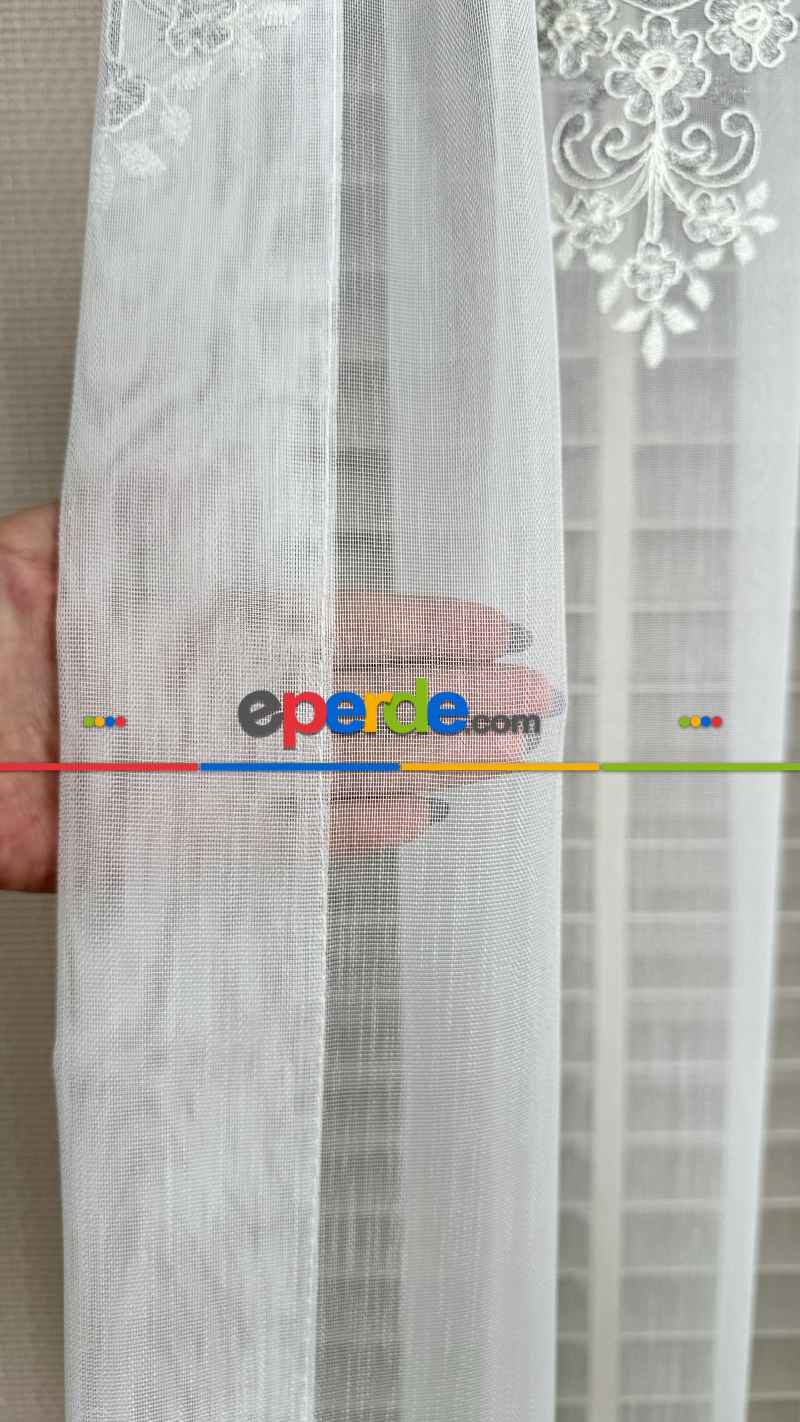 Ekru Gri Özel Dokuma, Özel İplik Brode İşlemeli Tül Perde - Ağır Gramajlı Premium Nakışlı
