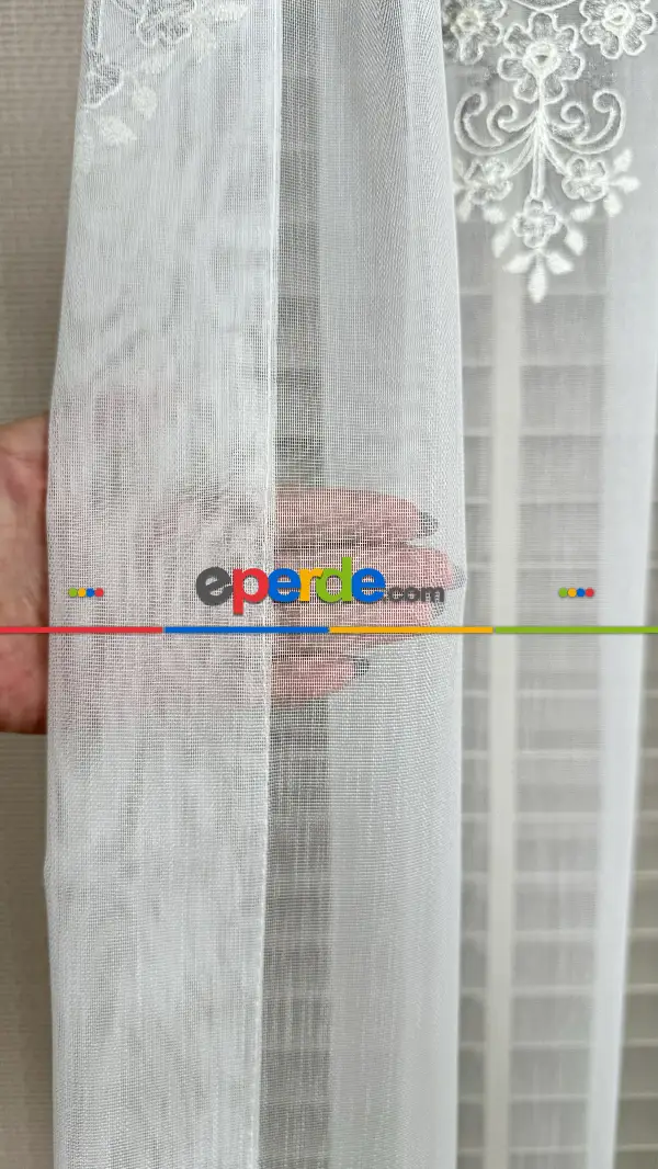 Ekru Gri Özel Dokuma, Özel İplik Brode İşlemeli Tül Perde - Ağır Gramajlı Premium Nakışlı
