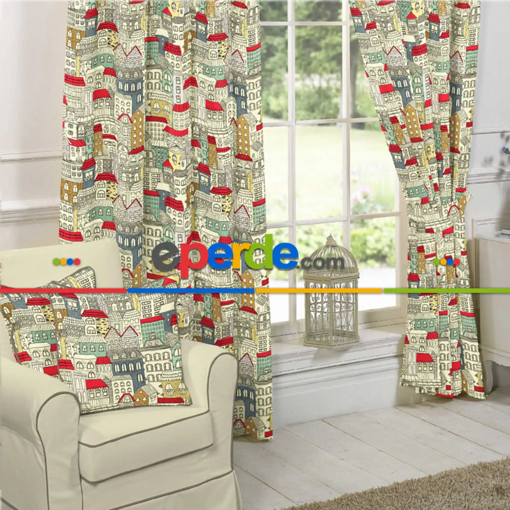Ev Desenli Fon Perde Evim 388 Kumaşı Kalındır Duck Bezi Değildir