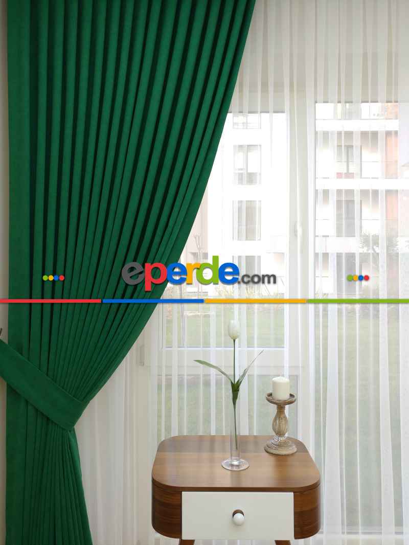 Oturma Odası - Koyu Yeşil Düz Fon Perde (  Dökümlü Fon )- Yeşil Koyu Yeşil