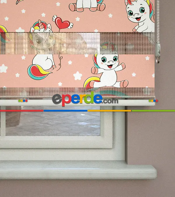 Unicorn Desenli Baskılı Zebra Perde- Çok Renkli
