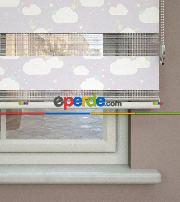 Bulut Desenli Baskılı Zebra Perde- Çok Renkli