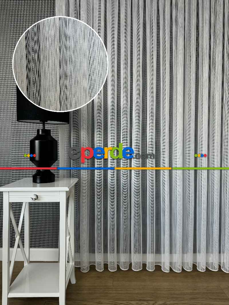 Oturma Odası Ekru Çizgili Tül Perde - Yüksek Kalite Kırık Beyaz Kurşunlu Tül