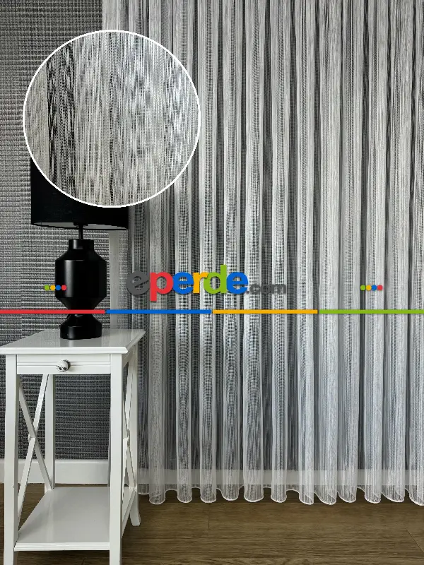 Salon Ekru Çizgili Tül Perde - Yüksek Kalite Kırık Beyaz Kurşunlu Tül