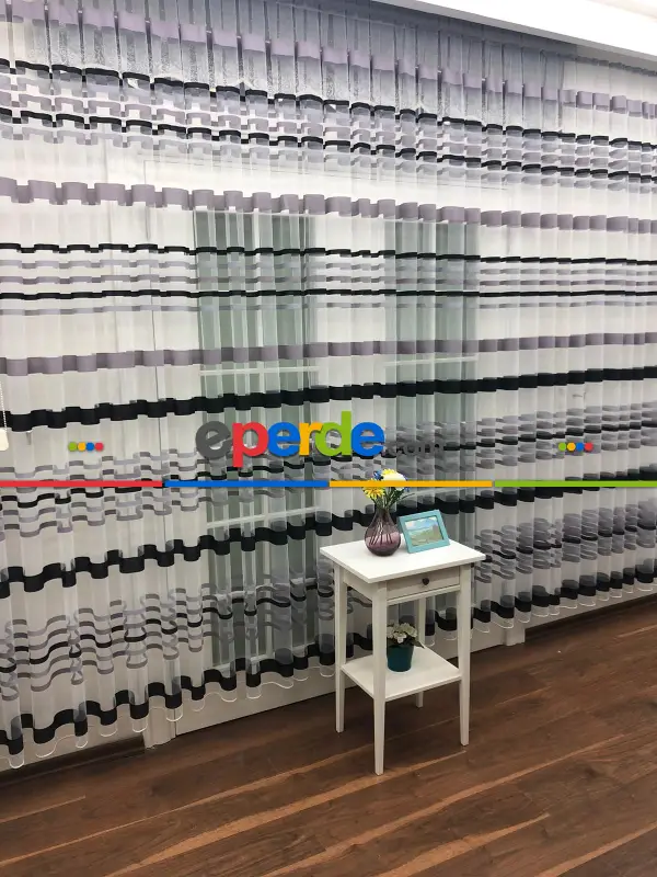 Enine Çizgili Bantlı Spor Tül Perde- Siyah-gri Açık-gri Koyu-ekru - Kurşunlu Tül